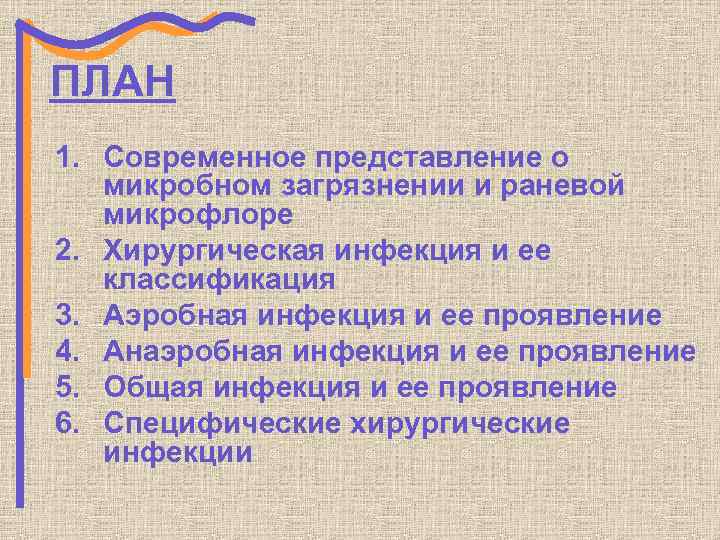 ПЛАН 1. Современное представление о микробном загрязнении и раневой микрофлоре 2. Хирургическая инфекция и