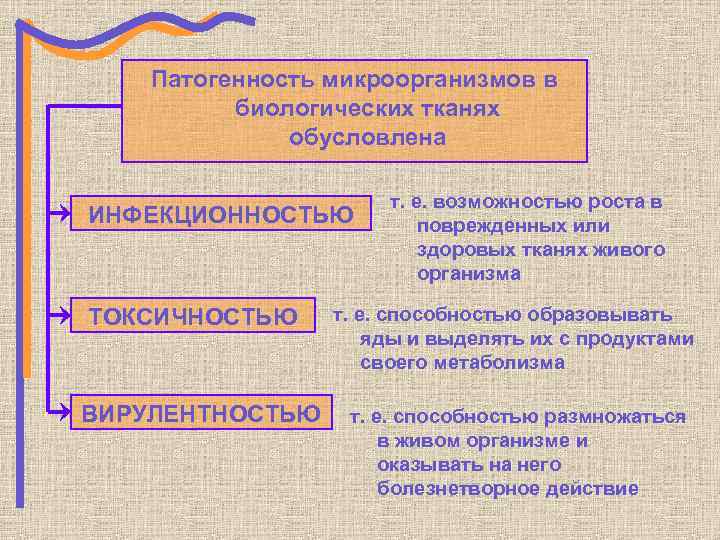 Патогенность микроорганизмов в биологических тканях обусловлена ИНФЕКЦИОННОСТЬЮ ТОКСИЧНОСТЬЮ ВИРУЛЕНТНОСТЬЮ т. е. возможностью роста в