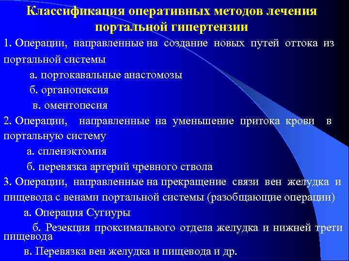 Классификация оперативных методов лечения портальной гипертензии 1. Опеpации, напpавленные на создание новых путей оттока
