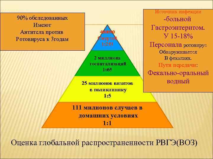 Источник инфекции 90% обследованных Имеют Антитела против Ротовируса к 3 годам 400000 Смертей 1: