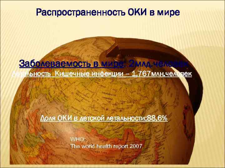 Распространенность ОКИ в мире Заболеваемость в мире: 2 млд. человек Летальность Кишечные инфекции –
