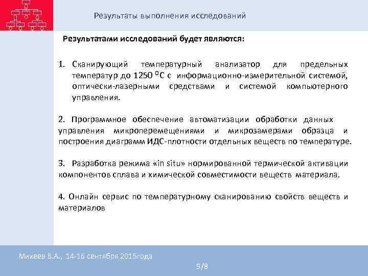 Результаты выполнения исследований Результатами исследований будет являются: Результаты выполнения исследований Результатами исследований будет являются:
