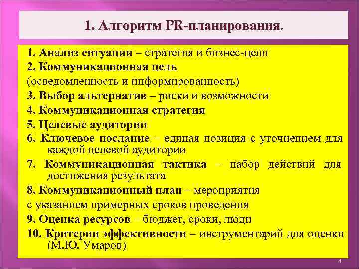   1. Алгоритм PR-планирования. 1. Анализ ситуации – стратегия и бизнес-цели 2.