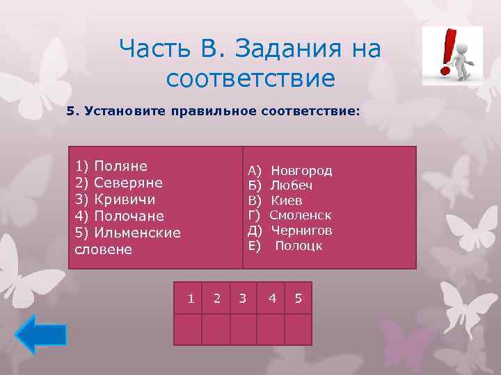 Часть В. Задания на соответствие 5. Установите правильное соответствие: 1) Поляне 2) Северяне 3)