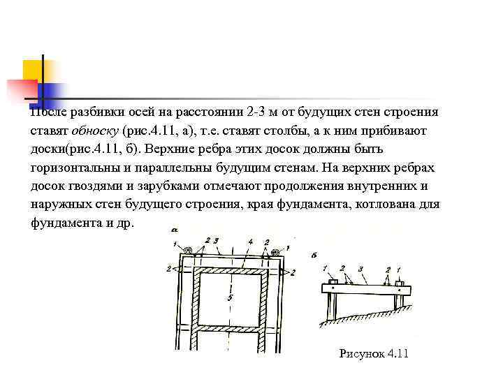 После разбивки осей на расстоянии 2 -3 м от будущих стен строения ставят обноску