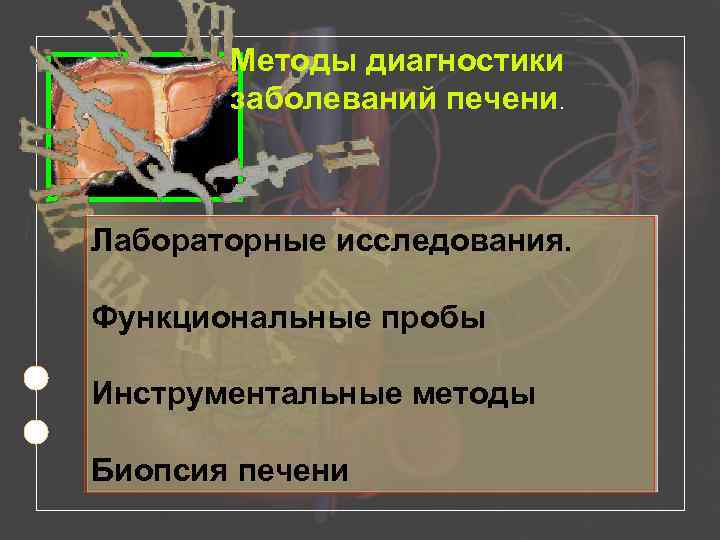 Методы диагностики заболеваний печени. Лабораторные исследования. Функциональные пробы Инструментальные методы Биопсия печени 