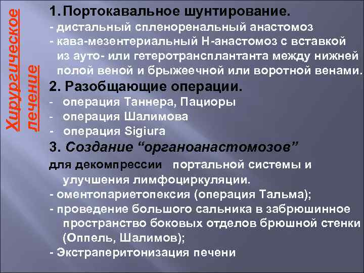 Хирургическое лечение 1. Портокавальное шунтирование. - дистальный спленоренальный анастомоз - кава-мезентериальный Н-анастомоз с вставкой