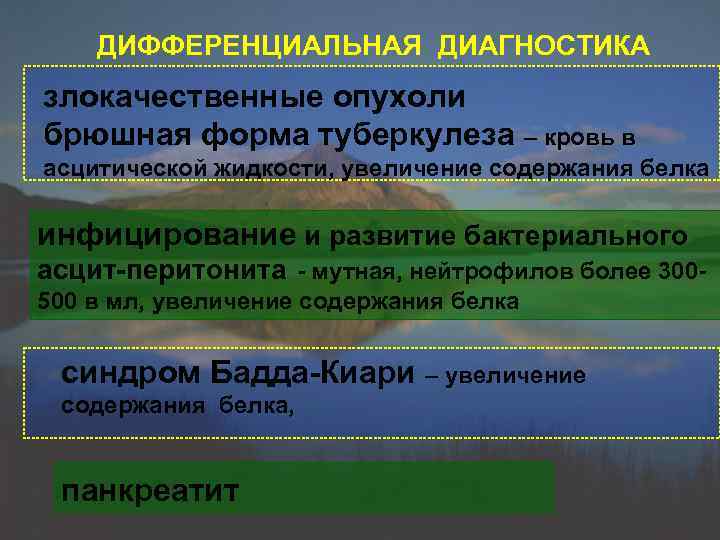 ДИФФЕРЕНЦИАЛЬНАЯ ДИАГНОСТИКА злокачественные опухоли брюшная форма туберкулеза – кровь в асцитической жидкости, увеличение содержания