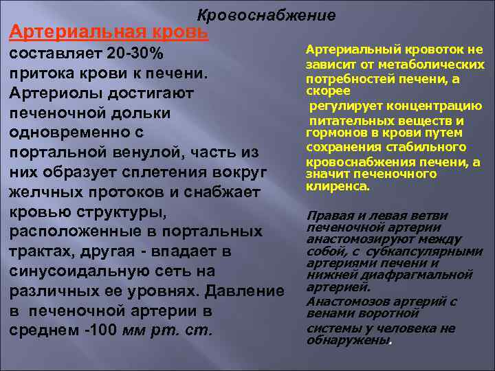 Кровоснабжение Артериальная кровь составляет 20 -30% притока крови к печени. Артериолы достигают печеночной дольки