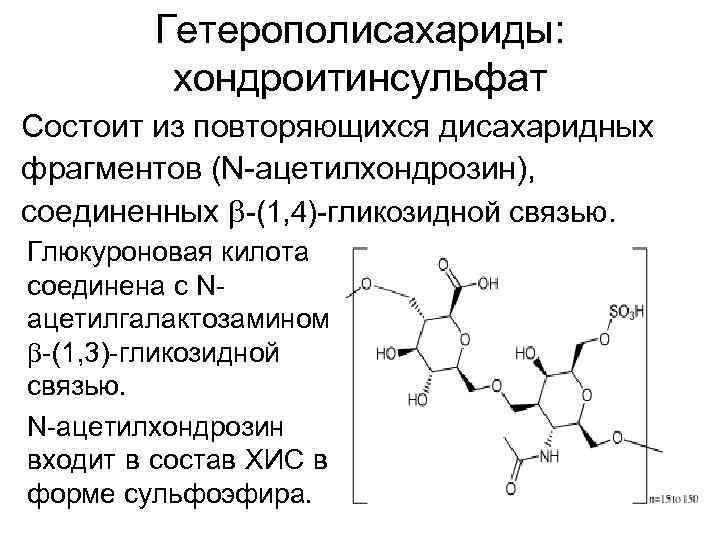  Гетерополисахариды: хондроитинсульфат Состоит из повторяющихся дисахаридных фрагментов (N-ацетилхондрозин), соединенных -(1, 4)-гликозидной связью. Глюкуроновая