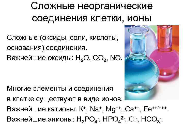  Сложные неорганические соединения клетки, ионы Сложные (оксиды, соли, кислоты, основания) соединения. Важнейшие оксиды: