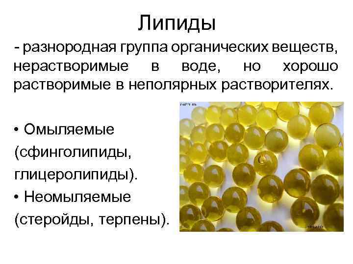  Липиды - разнородная группа органических веществ, нерастворимые в воде, но хорошо растворимые в