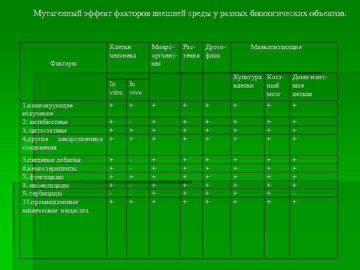 Мутагенный эффект факторов внешней среды у разных биологических объектов. Клетки человека Факторы Микро- Рас-