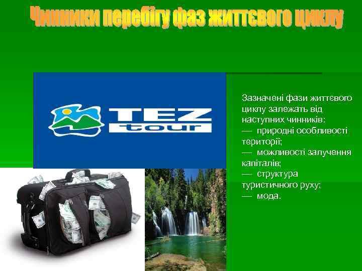 Зазначені фази життєвого циклу залежать від наступних чинників: –– природні особливості території; –– можливості