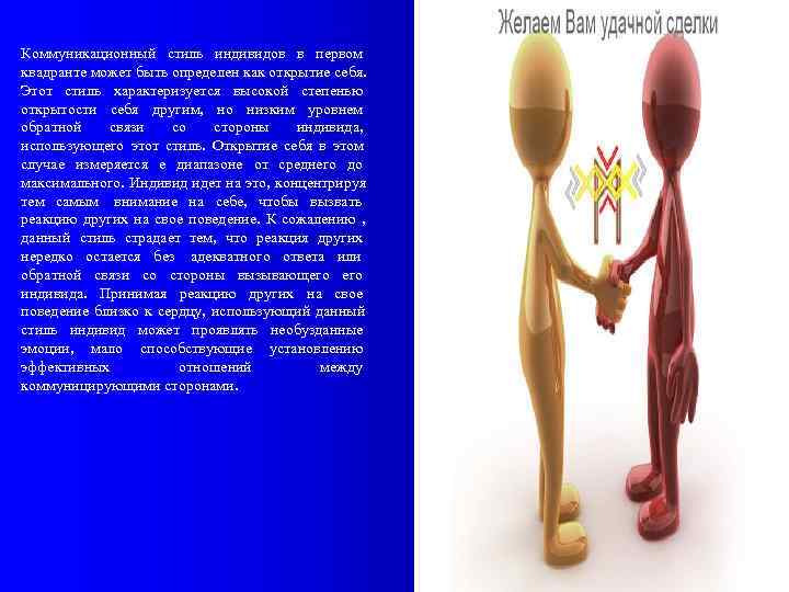 Коммуникационный стиль индивидов в первом квадранте может быть определен как открытие себя. Этот стиль