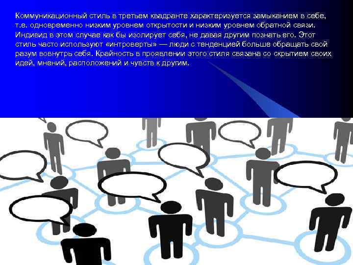 Коммуникационный стиль в третьем квадранте характеризуется замыканием в себе, т. е. одновременно низким уровнем