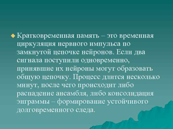 u Кратковременная память – это временная  циркуляция нервного импульса по  замкнутой цепочке