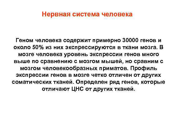 Нервная система человека Геном человека содержит примерно 30000 генов и около 50% из них