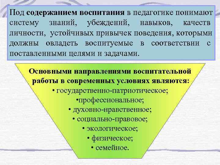 Под содержанием воспитания в педагогике понимают систему знаний, убеждений, навыков, качеств личности, устойчивых привычек