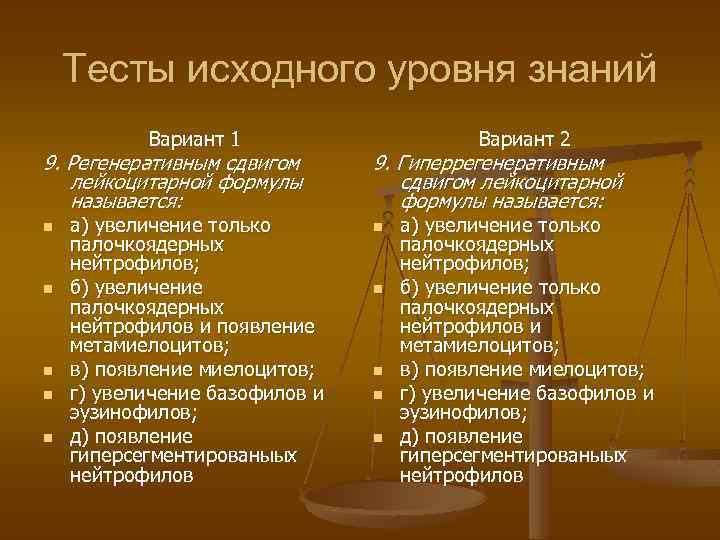 Тесты исходного уровня знаний Вариант 1 Вариант 2 9. Регенеративным сдвигом лейкоцитарной формулы называется:
