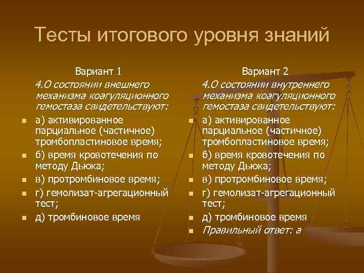 Тесты итогового уровня знаний Вариант 1 4. О состоянии внешнего механизма коагуляционного гемостаза свидетельствуют: