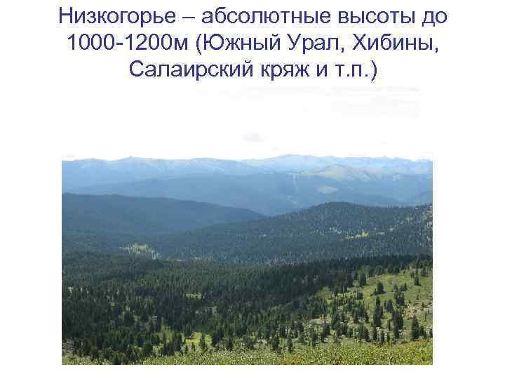 Низкогорье – абсолютные высоты до 1000 -1200 м (Южный Урал, Хибины, Салаирский кряж и