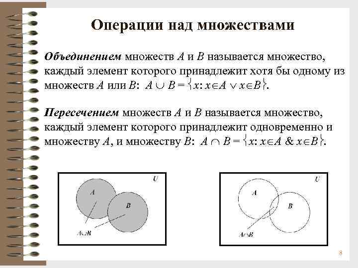  Операции над множествами Объединением множеств A и B называется множество, каждый элемент которого