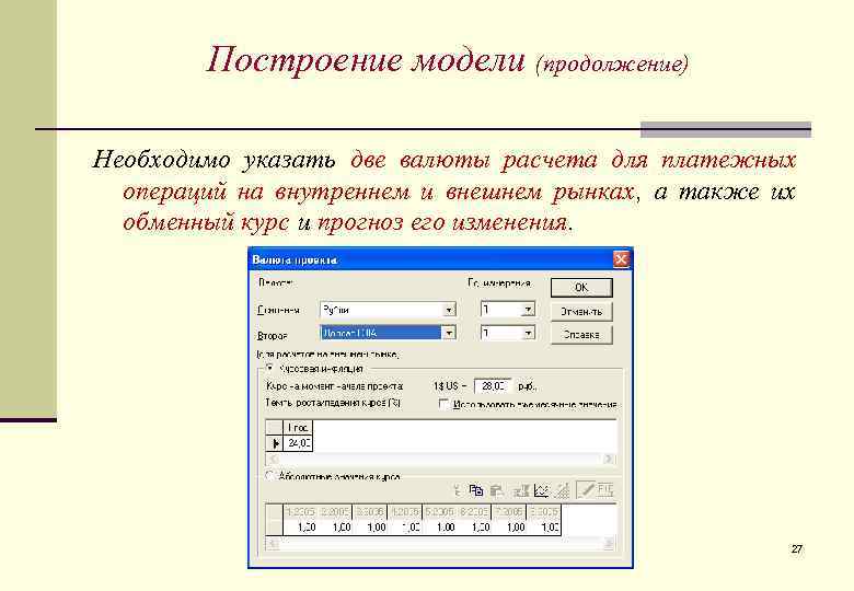 Построение модели (продолжение) Необходимо указать две валюты расчета для платежных операций на внутреннем и