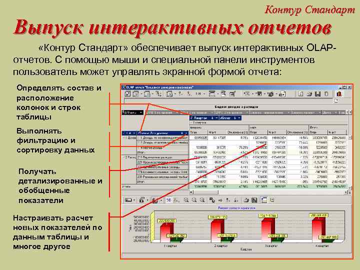 Контур Стандарт Выпуск интерактивных отчетов «Контур Стандарт» обеспечивает выпуск интерактивных OLAPотчетов. С помощью мыши