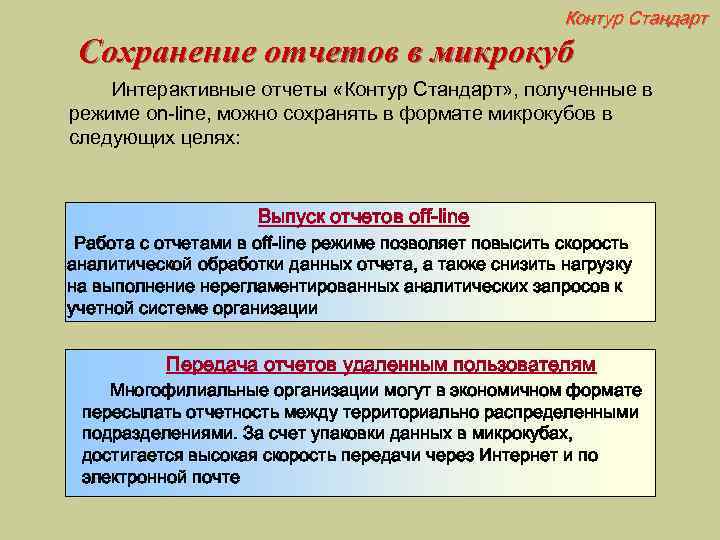 Контур Стандарт Сохранение отчетов в микрокуб Интерактивные отчеты «Контур Стандарт» , полученные в режиме