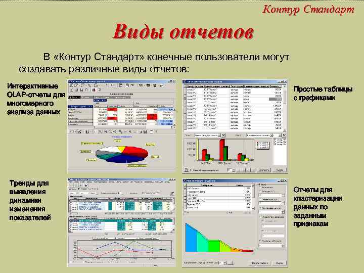 Контур Стандарт Виды отчетов В «Контур Стандарт» конечные пользователи могут создавать различные виды отчетов:
