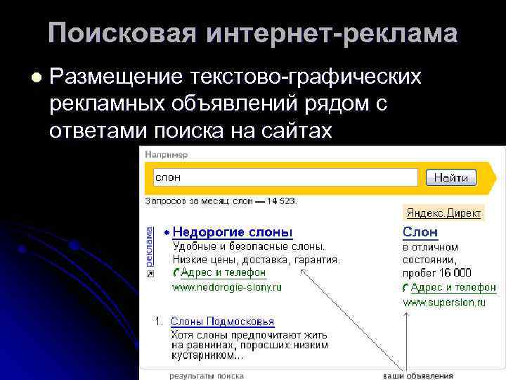Поисковая интернет-реклама l Размещение текстово-графических рекламных объявлений рядом с ответами поиска на сайтах 