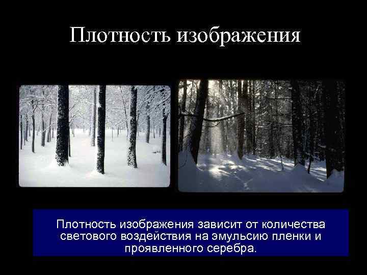 Плотность изображения зависит от количества светового воздействия на эмульсию пленки и проявленного серебра. 
