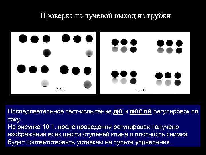 Проверка на лучевой выход из трубки Последовательное тест-испытание до и после регулировок по току.
