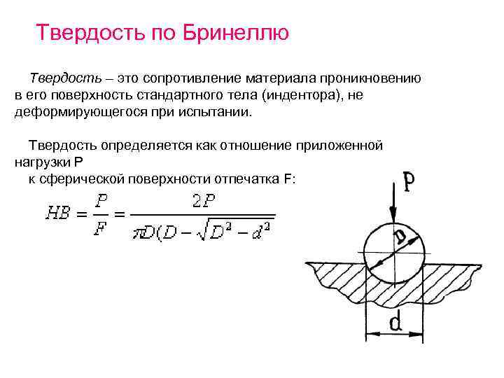 Твердость по бринеллю. Схема метода Бринелля. Схема определения твердости по методу Бринелля. Схема измерения твердости по Бринеллю. Методы определения твердости Бринелля формула.