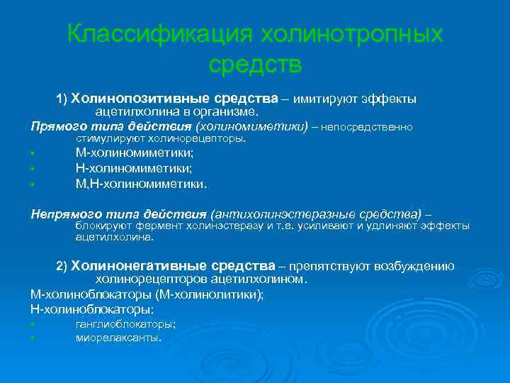Классификация холинотропных средств 1) Холинопозитивные средства – имитируют эффекты ацетилхолина в организме. Прямого типа