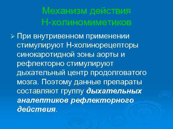 Механизм действия Н-холиномиметиков Ø При внутривенном применении стимулируют Н-холинорецепторы синокаротидной зоны аорты и рефлекторно