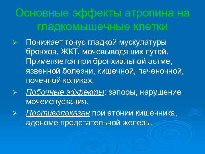 Основные эффекты атропина на гладкомышечные клетки Ø Ø Ø Понижает тонус гладкой мускулатуры бронхов,