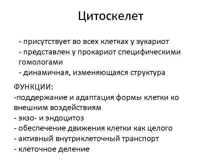     Цитоскелет  - присутствует во всех клетках у эукариот 
