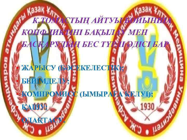   К. ТОМАСТЫҢ АЙТУЫ БОЙЫНША КОНФЛИКТІНІ БАҚЫЛАУ МЕН БАСҚАРУДЫҢ БЕС ТҮРЛІ ӘДІСІ БАР: