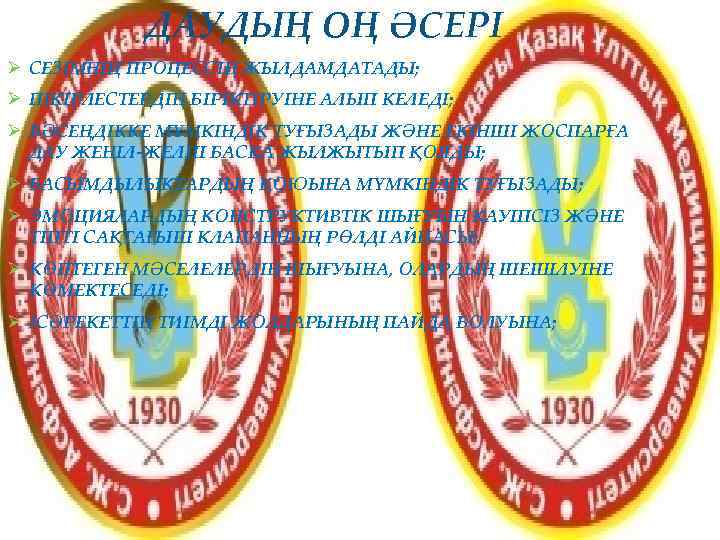   ДАУДЫҢ ОҢ ӘСЕРІ Ø СЕЗIМНIҢ ПРОЦЕССIН ЖЫЛДАМДАТАДЫ; Ø ПIКIРЛЕСТЕРДIҢ БIРIКТIРУIНЕ АЛЫП КЕЛЕДI;