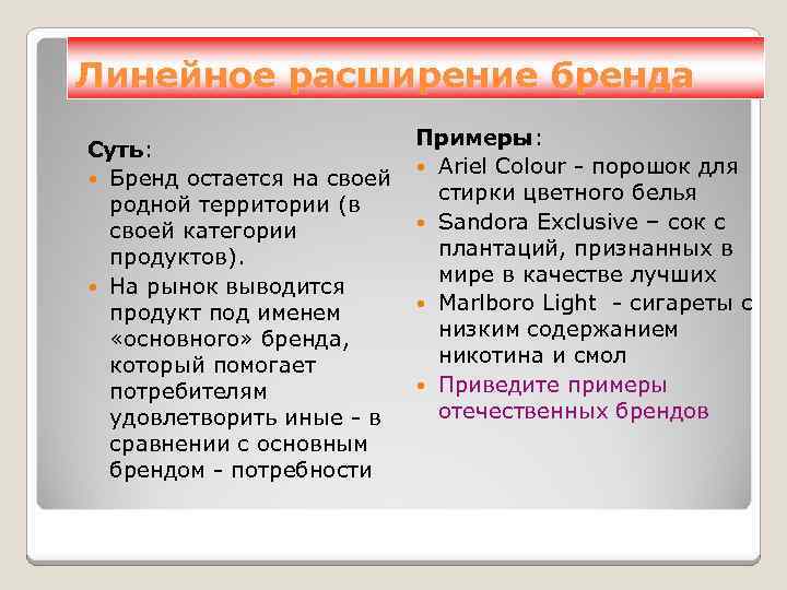 Линейное расширение бренда Суть: Бренд остается на своей родной территории (в своей категории продуктов).