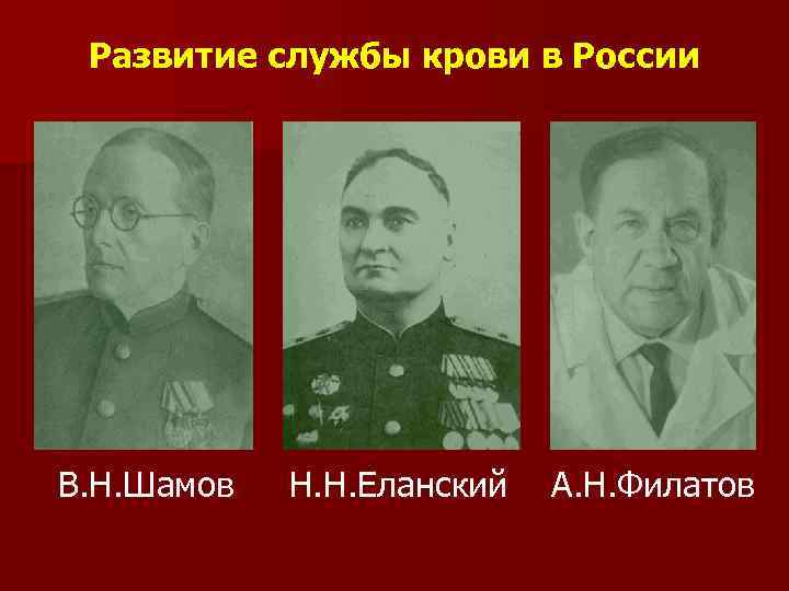 Развитие службы крови в России В. Н. Шамов Н. Н. Еланский А. Н. Филатов