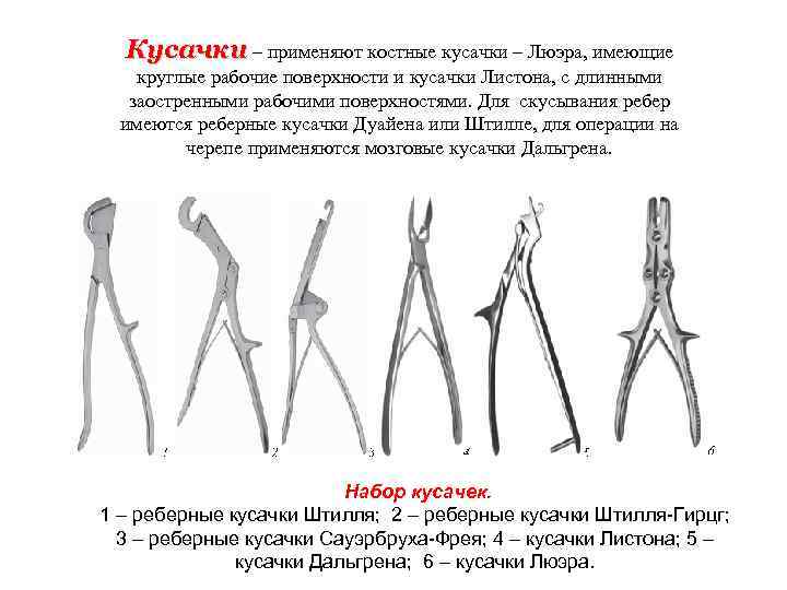 Кусачки – применяют костные кусачки – Люэра, имеющие круглые рабочие поверхности и кусачки Листона,