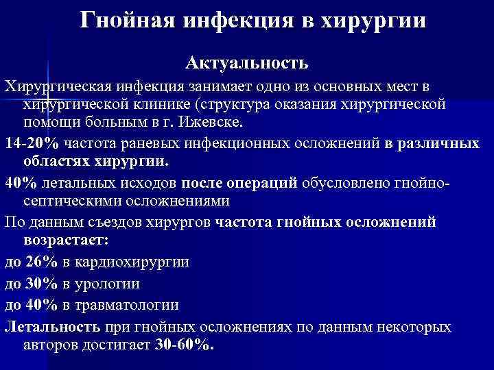    Гнойная инфекция в хирургии    Актуальность Хирургическая инфекция занимает