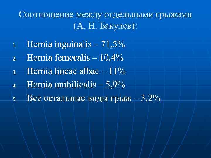  Соотношение между отдельными грыжами   (А. Н. Бакулев): 1. Hernia inguinalis –