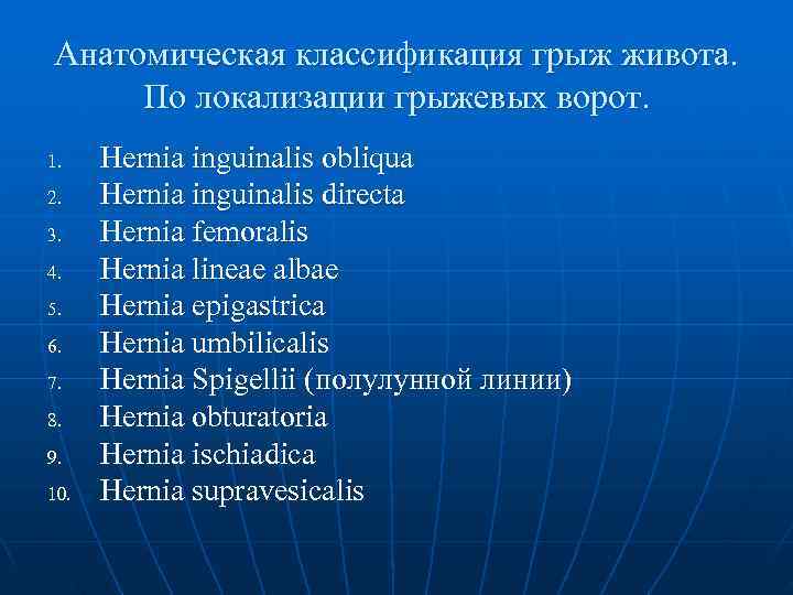 Анатомическая классификация грыж живота.  По локализации грыжевых ворот. 1. Hernia inguinalis obliqua 2.