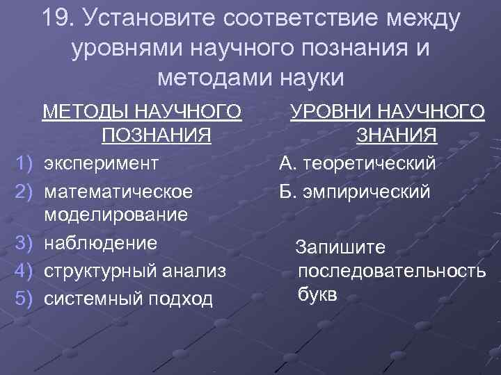 19. Установите соответствие между уровнями научного познания и методами 19. Установите соответствие между уровнями научного познания и методами