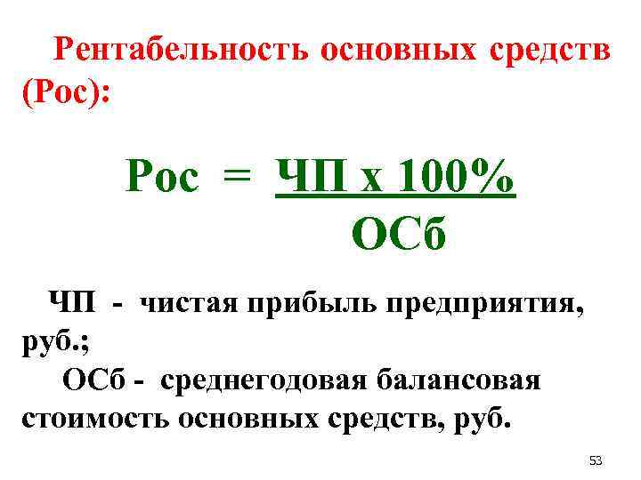 Рентабельность основных средств (Рос): Рос = ЧП х 100% ОСб ЧП - чистая прибыль