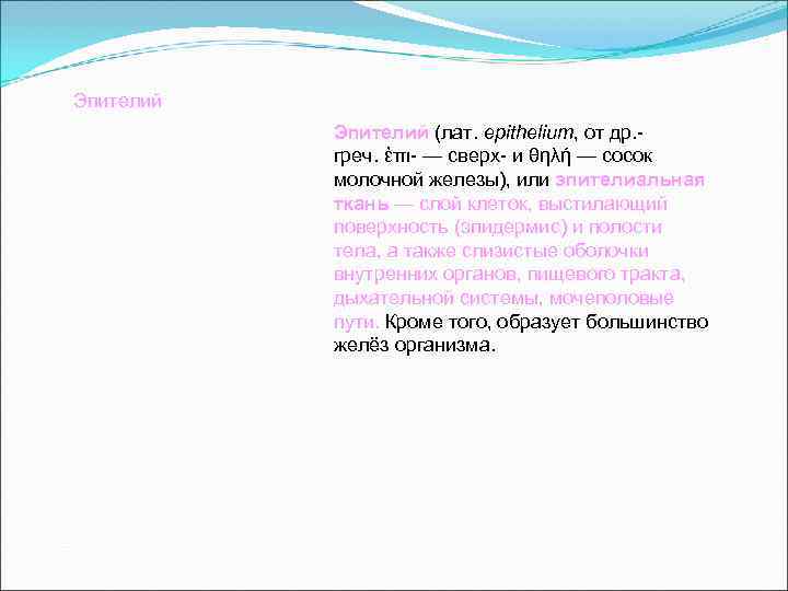 Эпителий (лат. epithelium, от др. -  греч. ἐπι- — сверх- и θηλή —